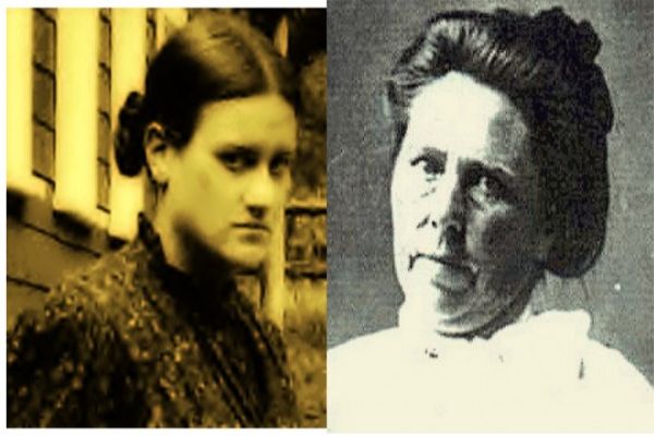 sepia and b/w photos of Belle Gunness, serial killer