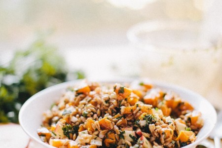 Butternut squash and farro with honey harrisa dressing