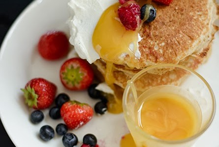 Yogurt, berry, and honey pancakes