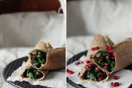 Walnut flour crepes with wilted greens, apple, and squash