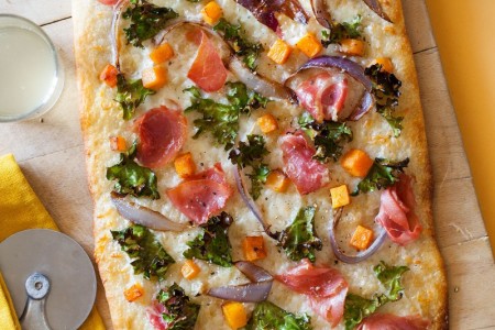 Prosciutto and kale butternut squash pizza