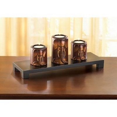 Gifts & Decor Wooden Elephant Motif Trio Set Tealight Candleholder