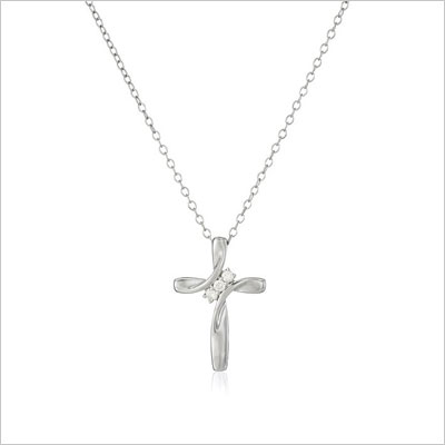 Women's Sterling Silver Diamond Three-Stone Cross Pendant Necklace